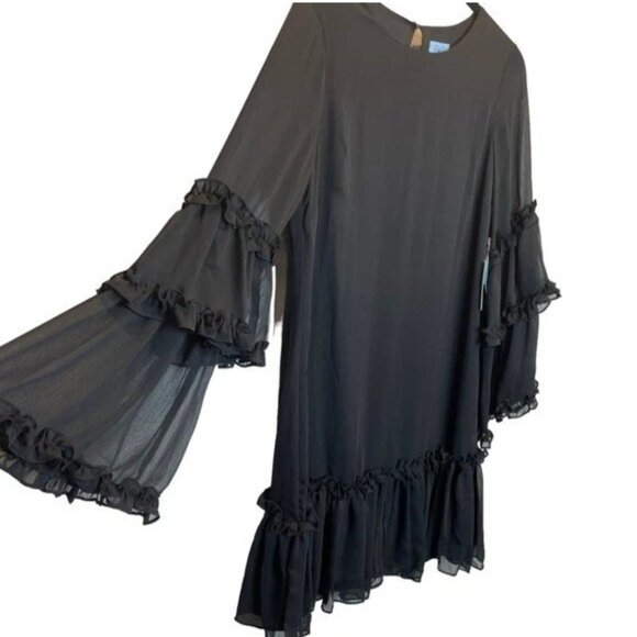 NWT- CeCE Ruffle Chiffon, Long Bell-Sleeve, Shift Dress- Rich Black- Small - Picture 6 of 11